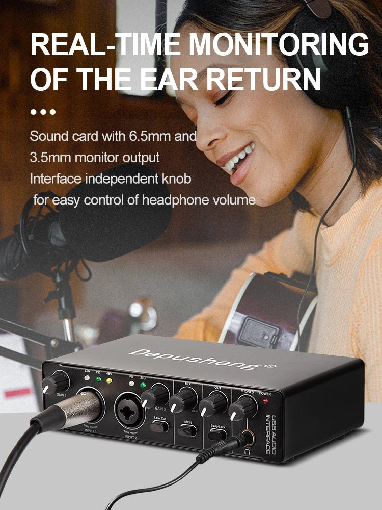 Audio Interface Depusheng MD22 Professional Sound Card with Monitoring Electric Guitar Live Recording For Studio Singing Micro