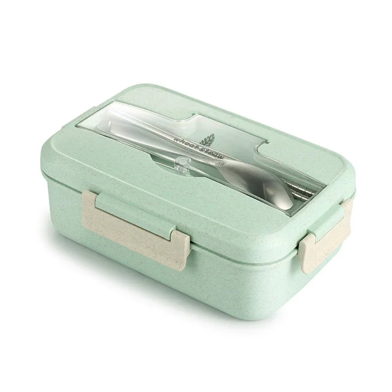 Microwave Lunch Box Wheat Straw Dinnerware with Spoon Chopsticks Food Storage Container Children Kids School Office Bento Box