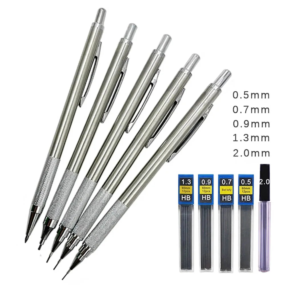 0.3/0.5/0.7/0.9/1.3/2.0mm Mechanical Pencil Set Full Metal Art Drawing Painting Automatic Pencil with Leads Office School Supply