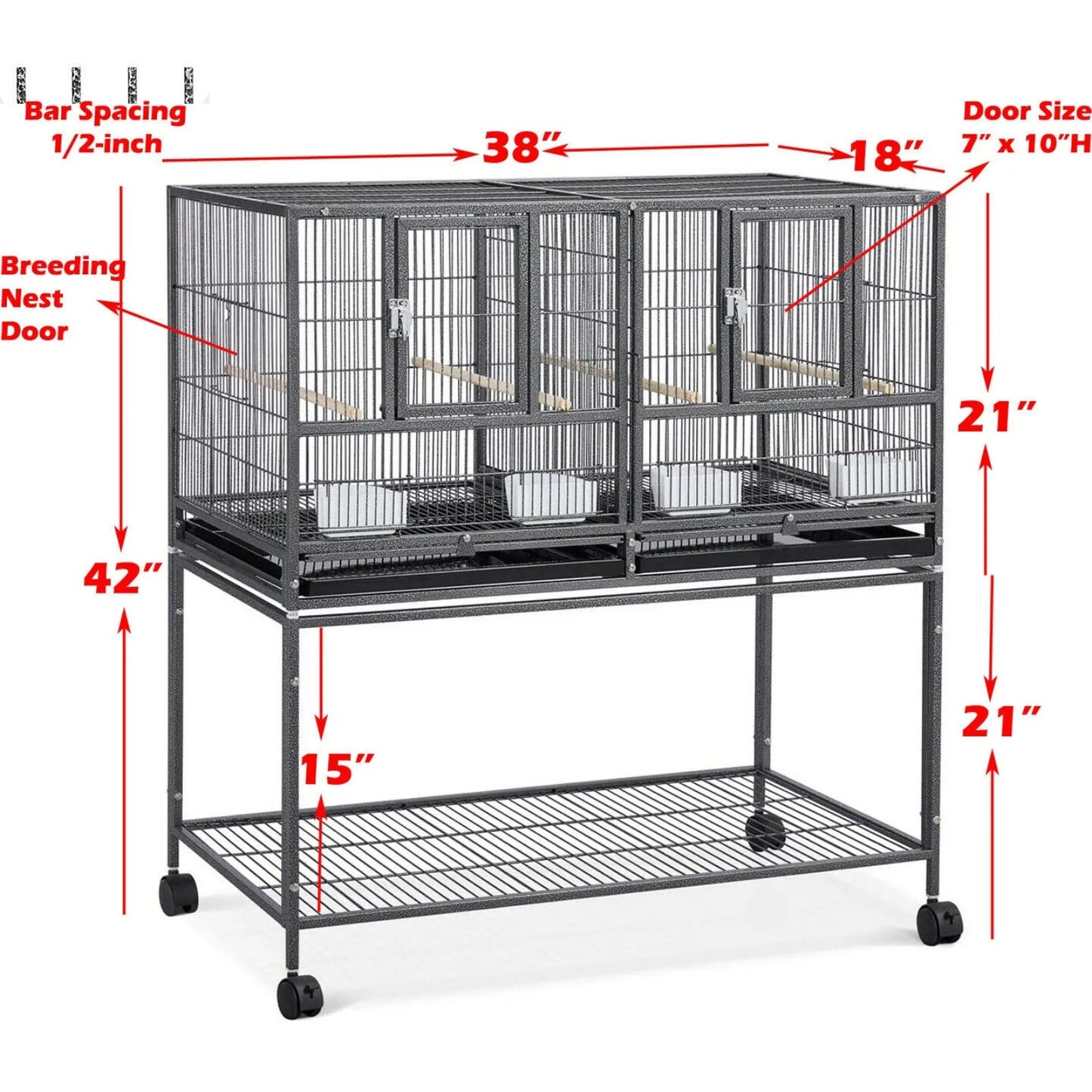 US 42" Stackable Divided Breeder Bird Rolling Cage Breeding Nest Doors Canaries Fin