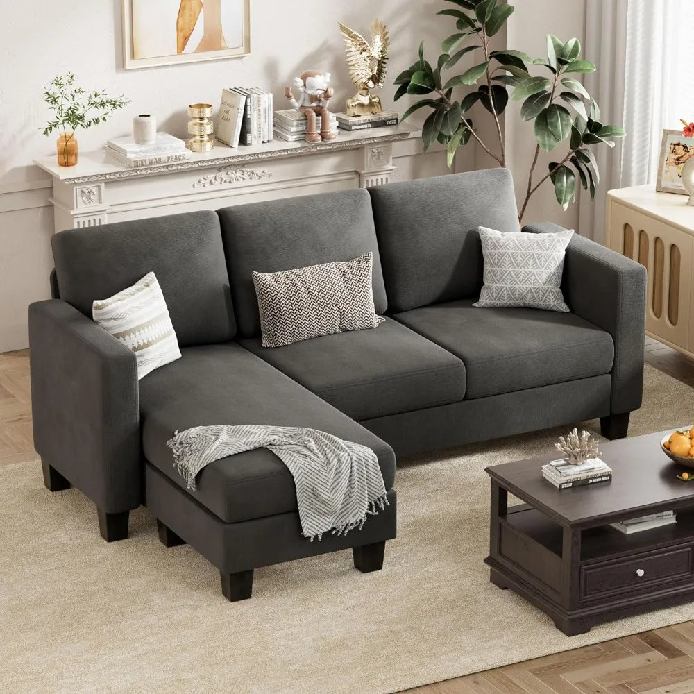 Living Room Sofas, 3 Seater L-shaped Convertible Combination Linen Sofa with Removable Footstool Small Sofa for Small Apartment