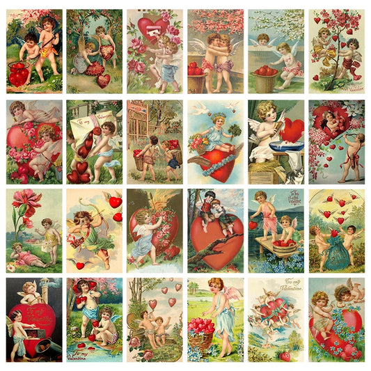 12pcs Retro Valentine's Day Postcard Cute Couple Little Angel Love Heart Pattern Greeting Card Anniversary To My Valentine Gift