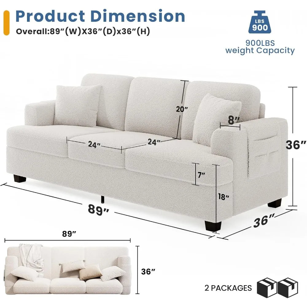 Living Room Sofas, 89 Inch Comfortable Deep Seat Sofa with Cushions in Off White Boucle, Modern Living Room Sleeper Sofa