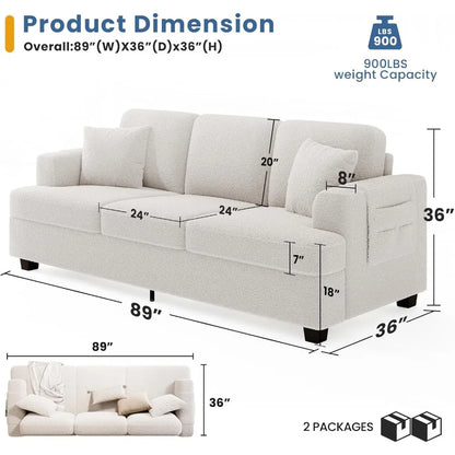 Living Room Sofas, 89 Inch Comfortable Deep Seat Sofa with Cushions in Off White Boucle, Modern Living Room Sleeper Sofa