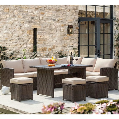 7 Pieces Patio Furniture Set, Outdoor Sectional Sofa Conversation Set, All Weather Wicker Rattan Couch Dining Table & Chair