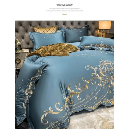 European Style Bedding Set Luxury Gold Royal Embroidery Satin Double Duvet Cover Pure Cotton Bed Sheets and Pillowcases Bed Set