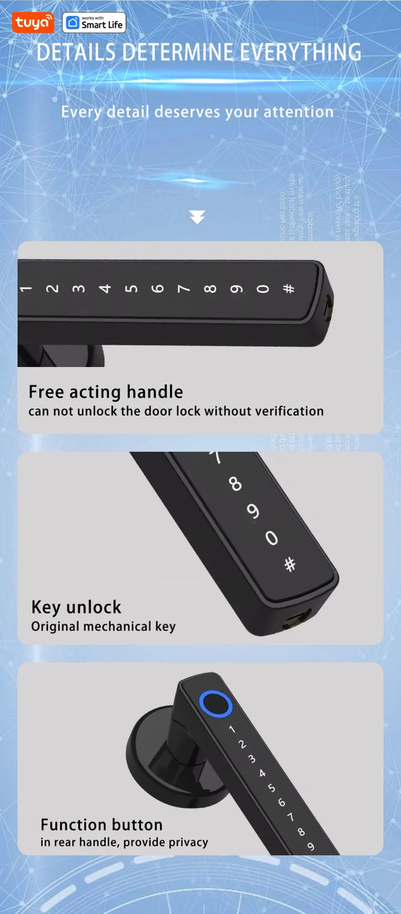 Tuya keyless entry door lock,Bluetooth short-range APP Control smart door handle - single row 5-in-1 fingerprint Door Lock