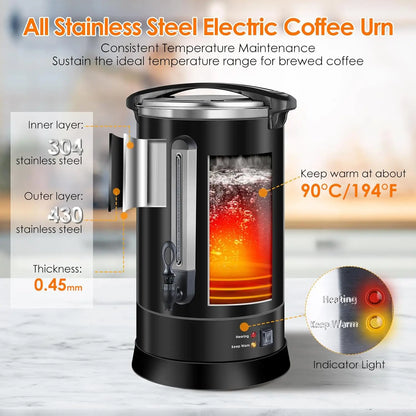 Urn 80 Cups Large Coffee Dispenser 12L Full Stainless Steel Commercial Coffee Maker Double Wall Quick Brew Electric Bever