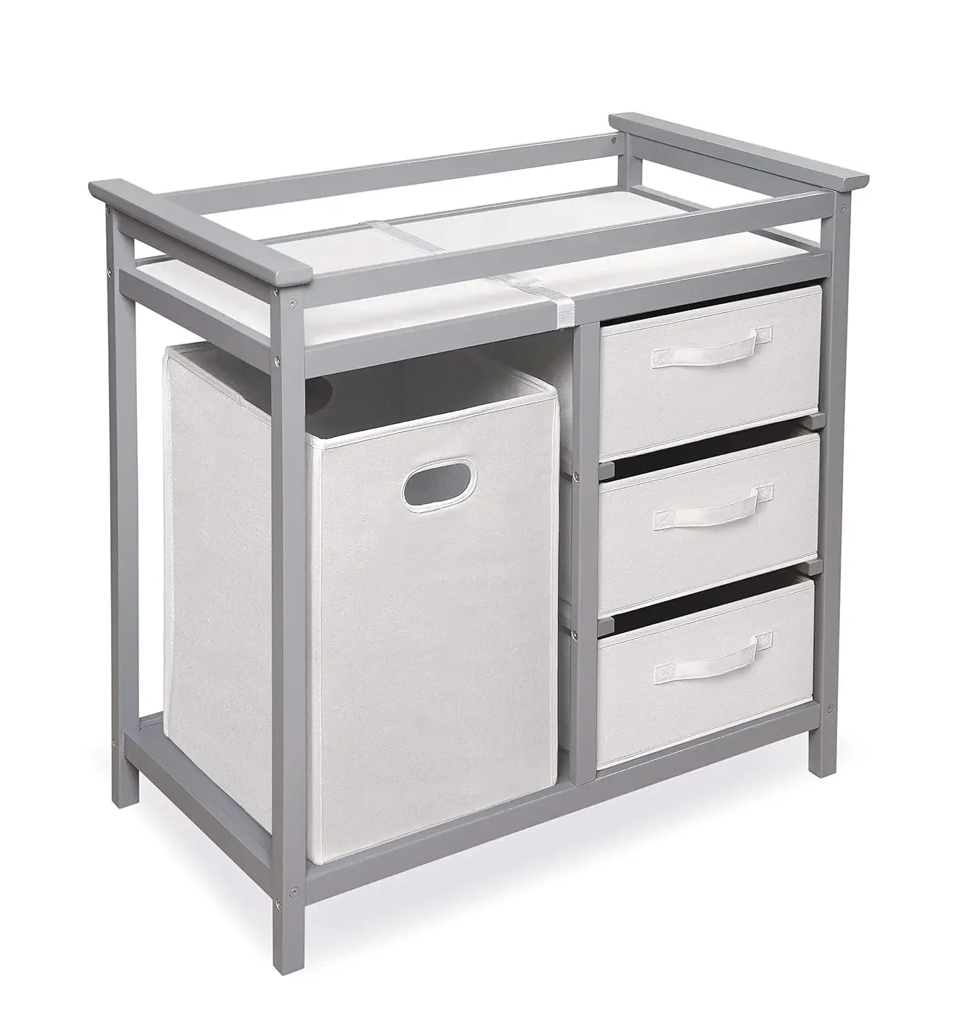 Modern Baby Changing Table with Laundry Hamper 3 Storage Drawers and Pad Diaper Change Station Cool Gray/White