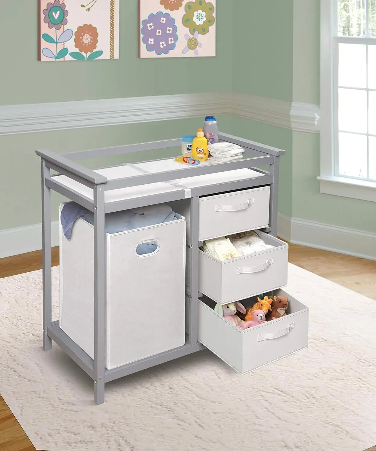 Modern Baby Changing Table with Laundry Hamper 3 Storage Drawers and Pad Diaper Change Station Cool Gray/White