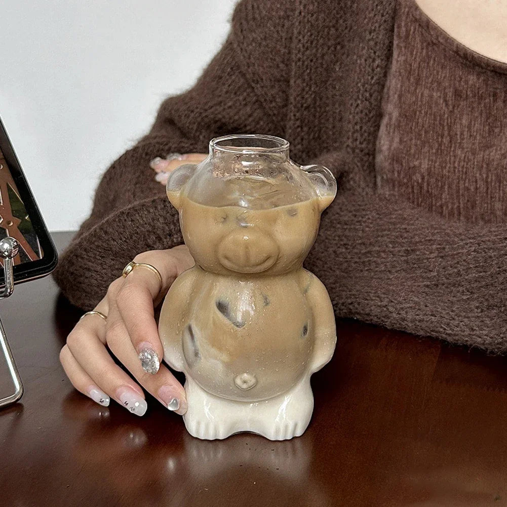 320ML Creative Cute Bear Coffee Mug with Straw Transparent Cup Beer Milk Coffee Water Cups Wholesale Glass Drinkware Mug Set