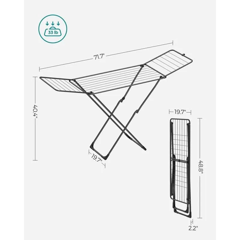 Clothes Drying Rack, Metal Laundry Drying Rack, Foldable, Space-Saving, Free-Standing Airer, with Gullwings, Indoor Outdoor