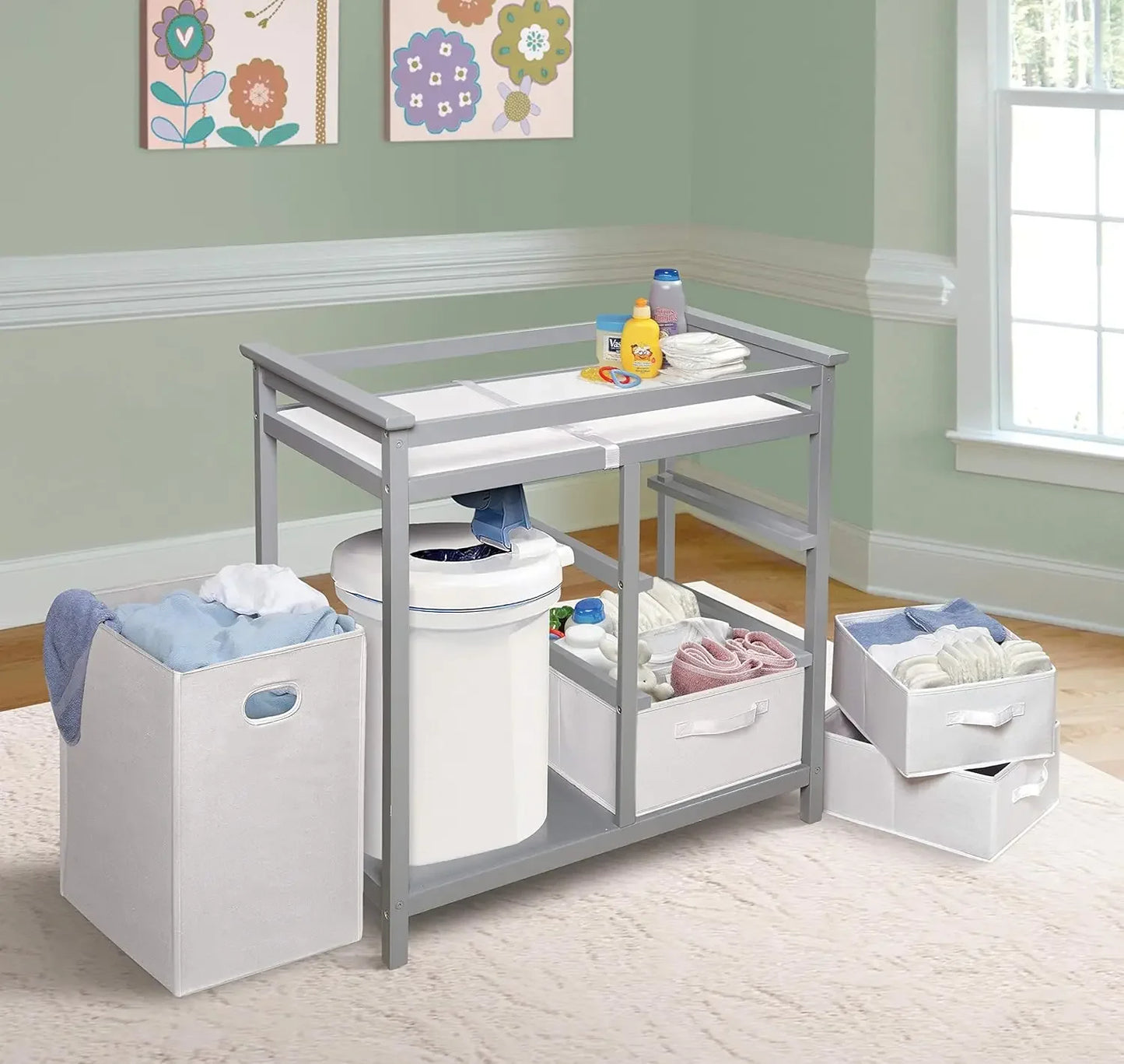 Modern Baby Changing Table with Laundry Hamper 3 Storage Drawers and Pad Diaper Change Station Cool Gray/White