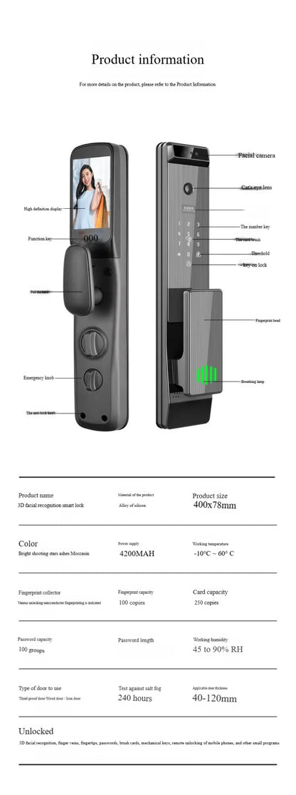 Voice Control Tuya APP Face Recognition Smart Door Lock Electronic Digital Door Lock Fully Automatic Door Lock With Camera