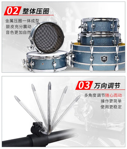 Portable Drum Set, 5 Drums and 4Cymbals, Mute, Adult, Children, Double-sided Practice Test Double-sided Practice Test Jazz Drum