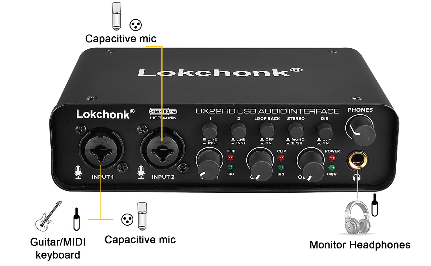 UX22 Audio Interface Sound Card 24-bit/192KHz AD Converter, Electric Guitar Live Recording Professional Studio Singing, Podcast