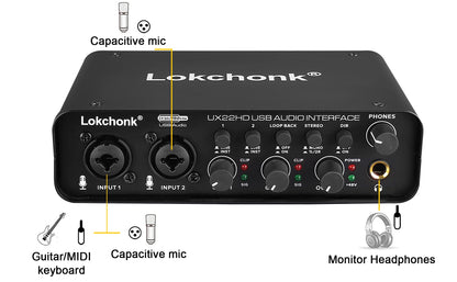 UX22 Audio Interface Sound Card 24-bit/192KHz AD Converter, Electric Guitar Live Recording Professional Studio Singing, Podcast