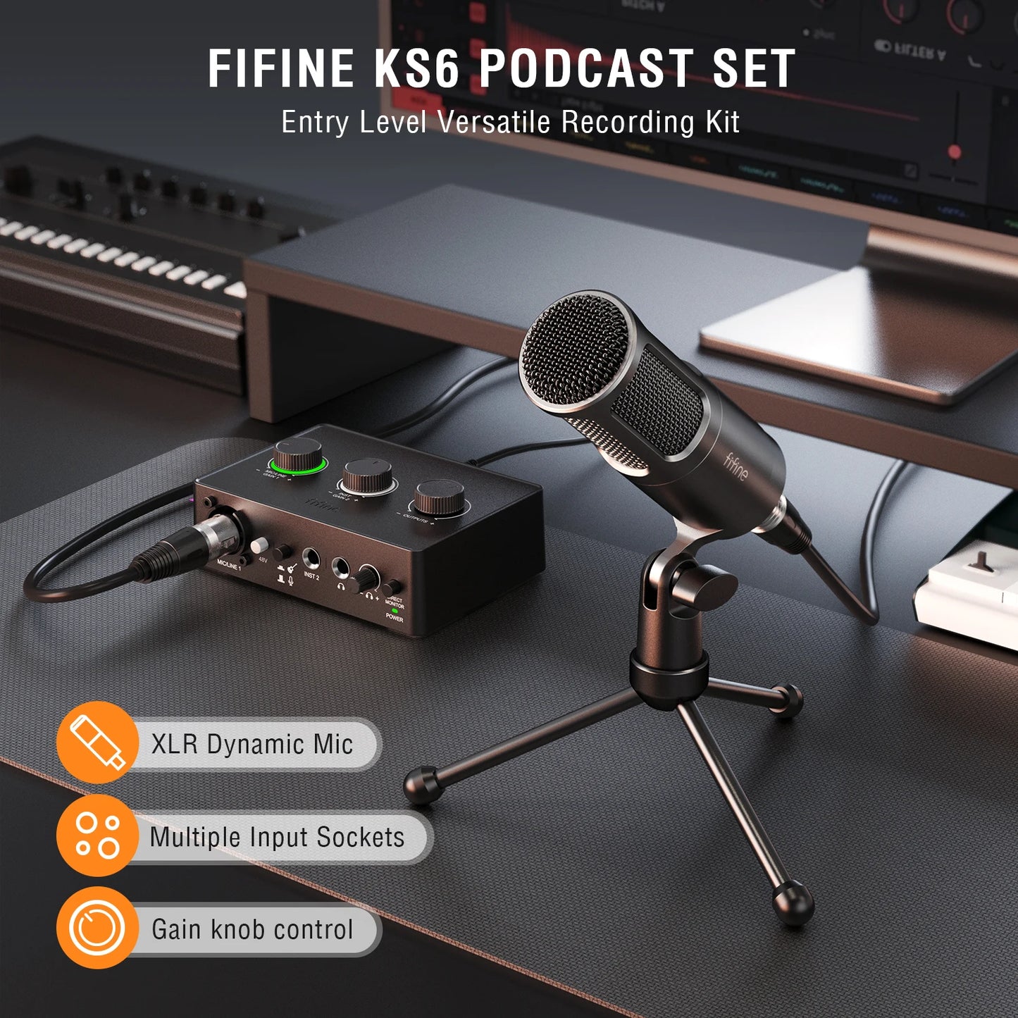 FIFINE Podcast Kit with Dynamic Mic/Sound Card, All-in-one Studio Set with Audio Mixer for PC Instrument Recording Streaming-KS6