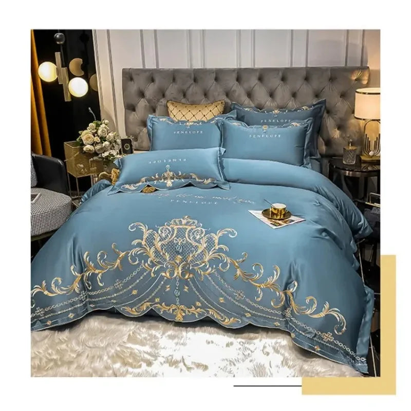 European Style Bedding Set Luxury Gold Royal Embroidery Satin Double Duvet Cover Pure Cotton Bed Sheets and Pillowcases Bed Set