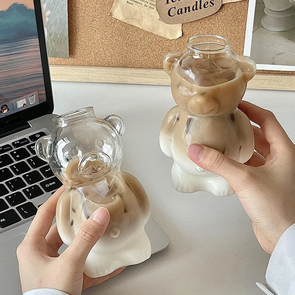 320ML Creative Cute Bear Coffee Mug with Straw Transparent Cup Beer Milk Coffee Water Cups Wholesale Glass Drinkware Mug Set