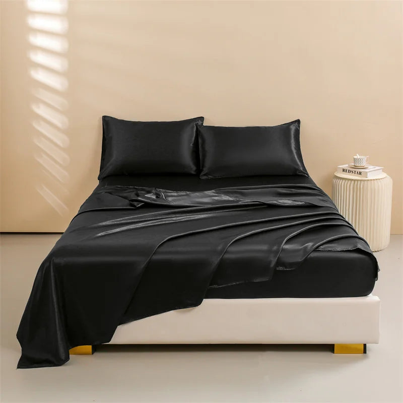 Satin Bed Sheets, Queen Size Sheets Set, 4 Pcs Silky Bedding Set   1 Deep Pocket Fitted Sheet + 1 Flat Sheet + 2 Pillowcases