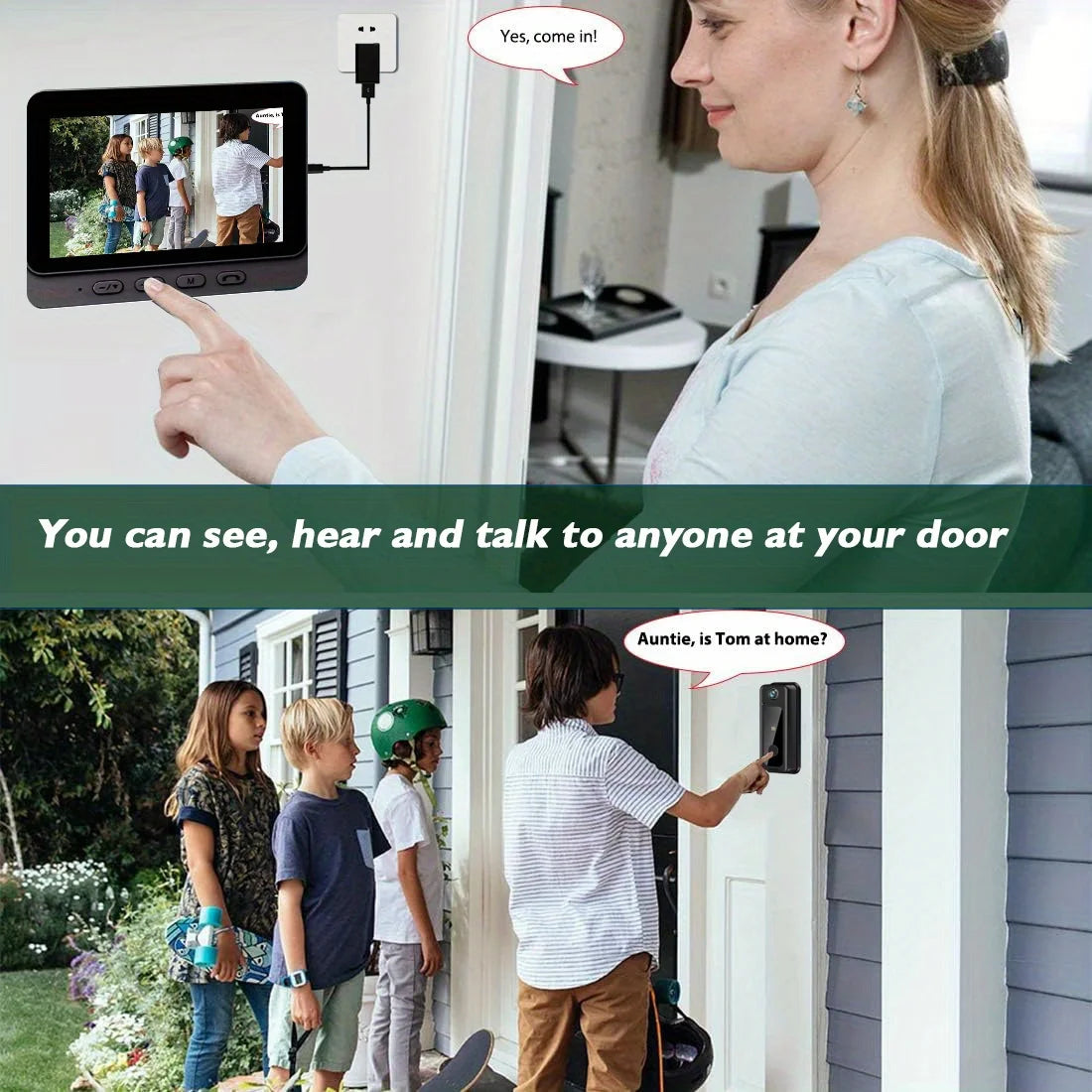 Wireless smart doorbell camera, 4.3 "screen indoor monitor, 2.4Ghz Wifi doorbell, 32GB SD card to save pictures and videos,