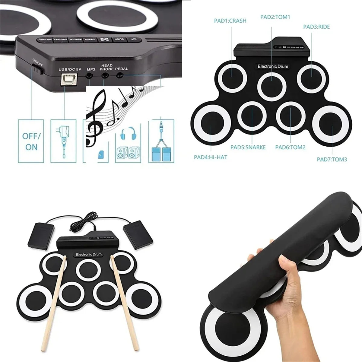 Electronic Drum Set Foldable Music Drums USB Silicone Drum Portable Practice Drums USB Pad Portable Practice Drums Kit with Drum