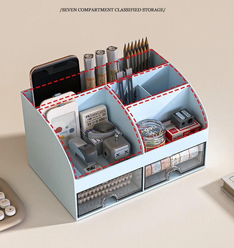 Clear Desktop Storage Box with Small Drawers for Office Supplies and Stationery Organization