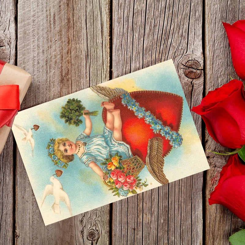 12pcs Retro Valentine's Day Postcard Cute Couple Little Angel Love Heart Pattern Greeting Card Anniversary To My Valentine Gift