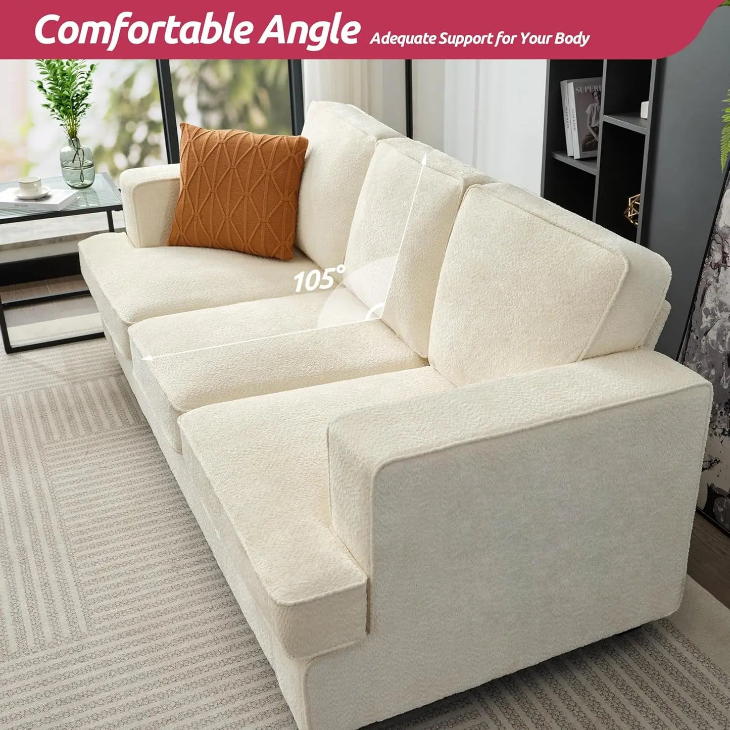 Boucle Comfy Couch, Couches for Living Room, Sleeper Sofa with Extra Deep Seats, Modern Sofa, Teddy Velvet, Oyster White