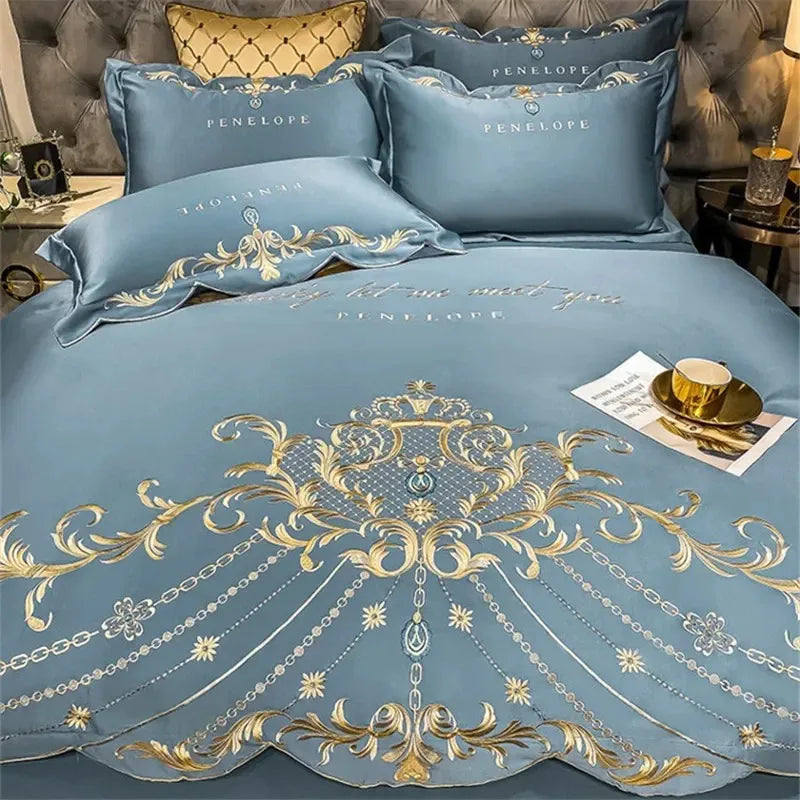 European Style Bedding Set Luxury Gold Royal Embroidery Satin Double Duvet Cover Pure Cotton Bed Sheets and Pillowcases Bed Set