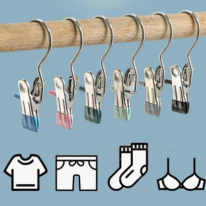 10pcs Stainless Steel Clothespins Laundry Clothes Pegs With Hook Portable Hanging Clothes Clips Closet Clothes Organizer Hanger