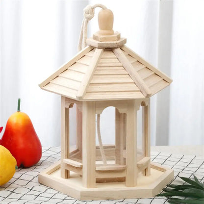 Bird Cage Feeder Wooden Pet Water Feed House Shape Transparent Pet Birdhouse Food Dispenser Food Container Durable Hanging