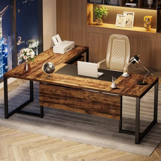 L-shaped Executive Desk with Chest of Drawers,large Executive Desk with Filing Cabinet, Home Office Desks,business Furniture Set