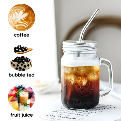 480ML Square Glass Cup with Lid and Straw Mason Jars Set With Handle For Cold Drinks Juice Mason Jar Drinking Glasses Drinkware