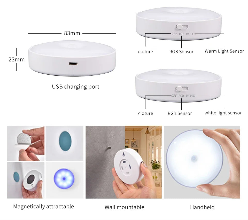 BANDIAN Bedroom Night Smart Motion Sensor Light USB LED Switch Rechargeable Light Kitchen Hallway Room