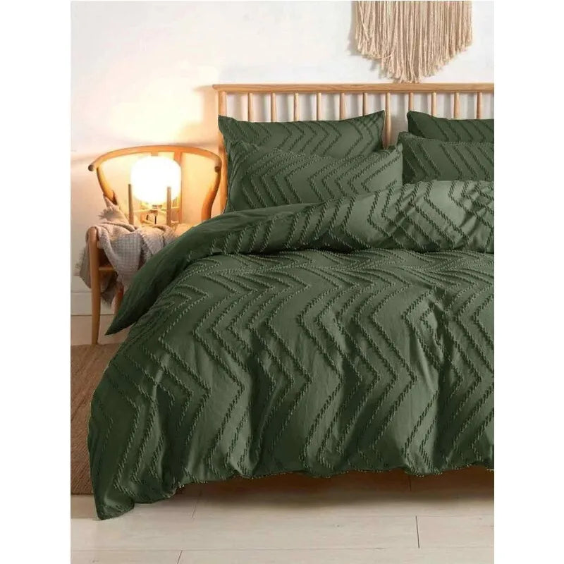 Olive Green Duvet Cover King Size, 3pc Boho Tufted Microfiber Bedding Comforter Cover Set, All Season Aesthetic Shabby Chic