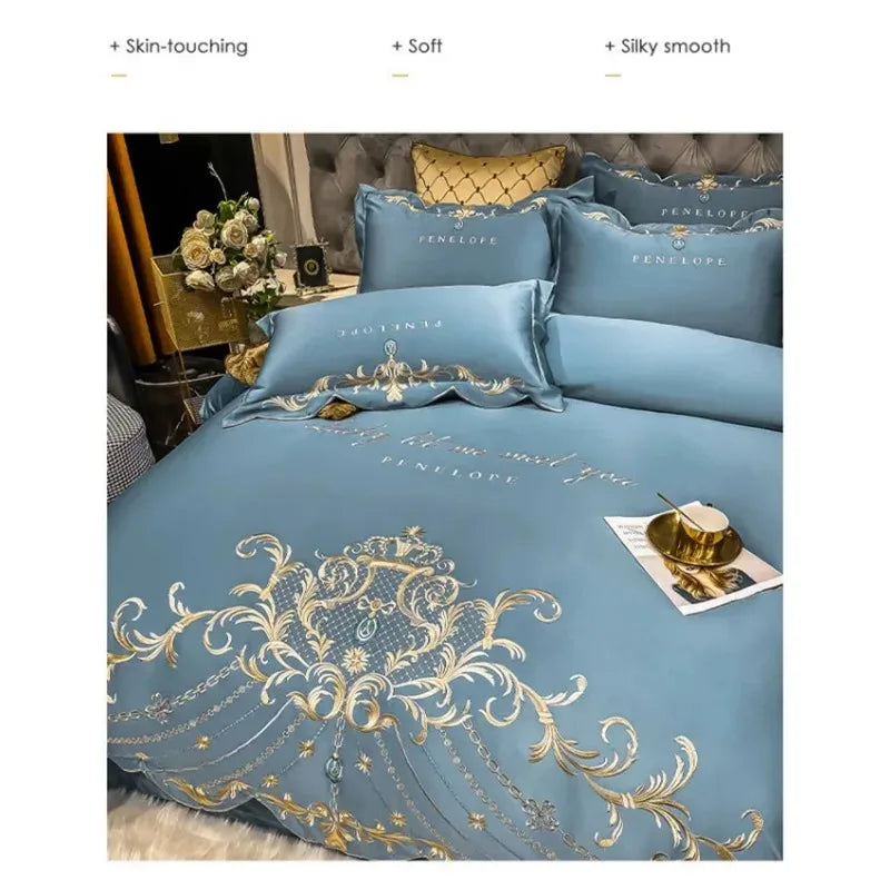 European Style Bedding Set Luxury Gold Royal Embroidery Satin Double Duvet Cover Pure Cotton Bed Sheets and Pillowcases Bed Set