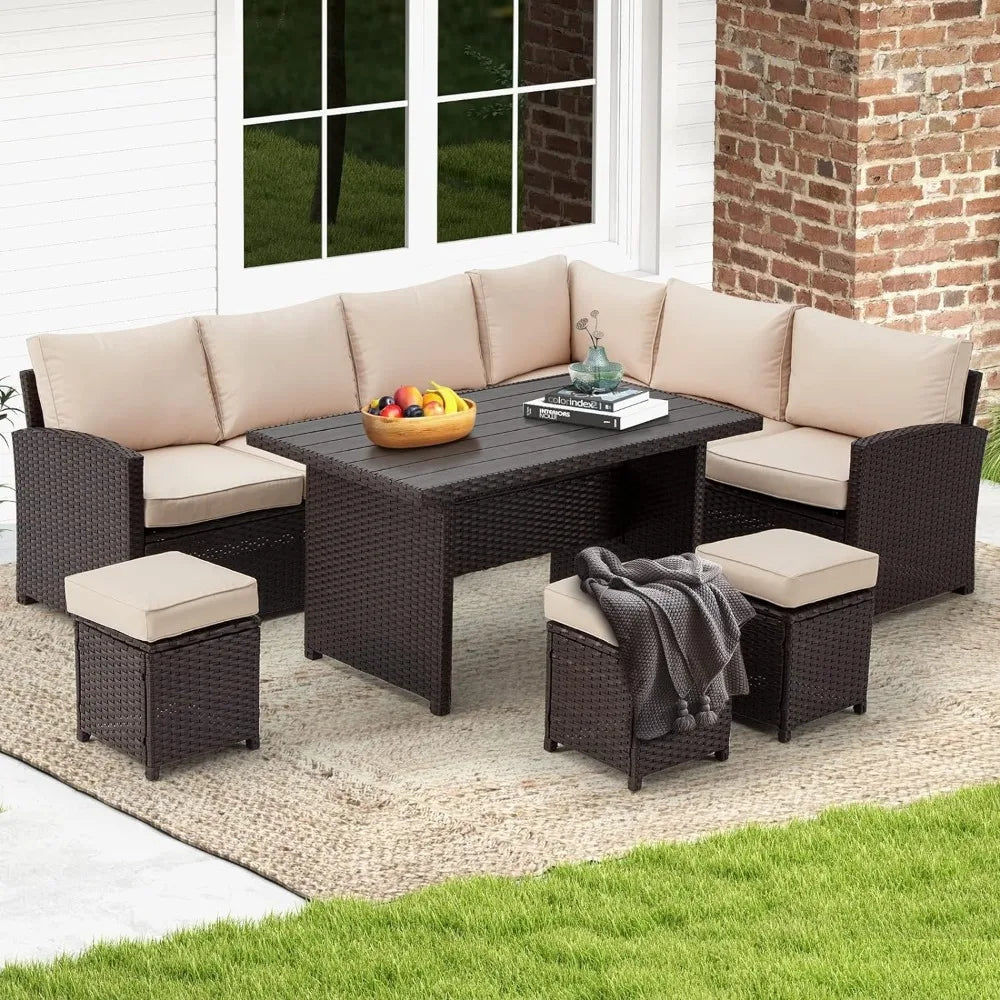 7 Pieces Patio Furniture Set, Outdoor Sectional Sofa Conversation Set, All Weather Wicker Rattan Couch Dining Table & Chair