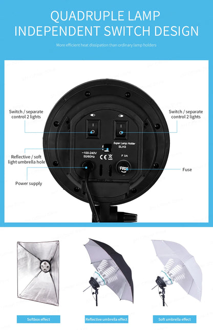 Softbox 50x70CM Photography Four Lamp Holders Lighting Kit With Photographic Tripod And Portable Bag For Photo Studio Shooting