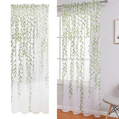 Sheer Window Curtain Panels Green Window Treatment Willow Leaves Print for Bedroom Children Living