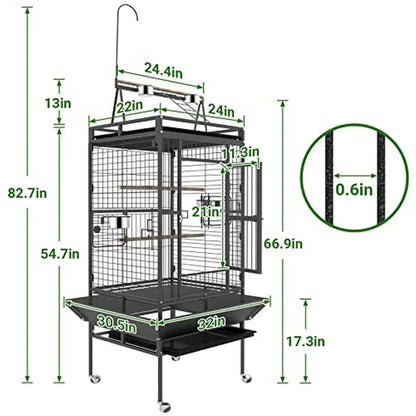 Wrought Iron Bird Cage Rolling Stand PlayTop Parrot Lovebirds Cockatiels Pigeons Flight Cage