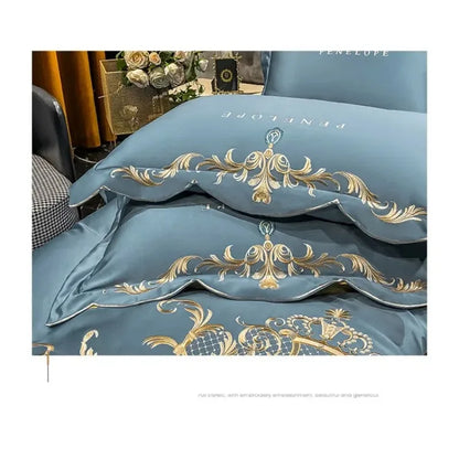 European Style Bedding Set Luxury Gold Royal Embroidery Satin Double Duvet Cover Pure Cotton Bed Sheets and Pillowcases Bed Set