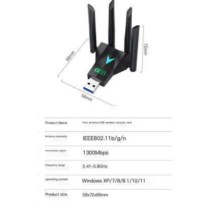 1300Mbps Wireless Network Card USB 3.0 WiFi USB Adapter Dual Band 2.4G/5Ghz Wi-Fi Dongle 4 Antenna Wireless Receiver For PC