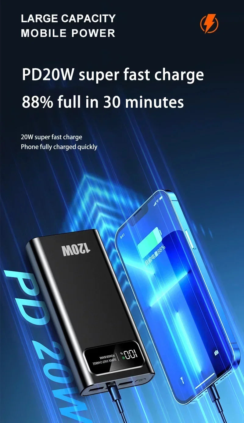 200000MAH 120W Power Bank Super Fast Charging Battery High Capacity Digital Display Power Bank For iphone 15 14 Samsung Huawei