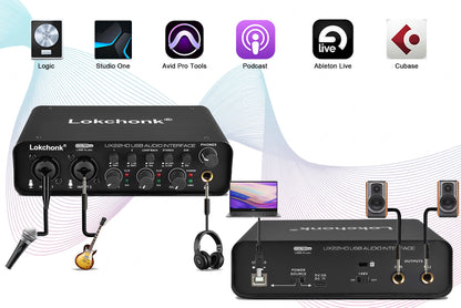 UX22 Audio Interface Sound Card 24-bit/192KHz AD Converter, Electric Guitar Live Recording Professional Studio Singing, Podcast