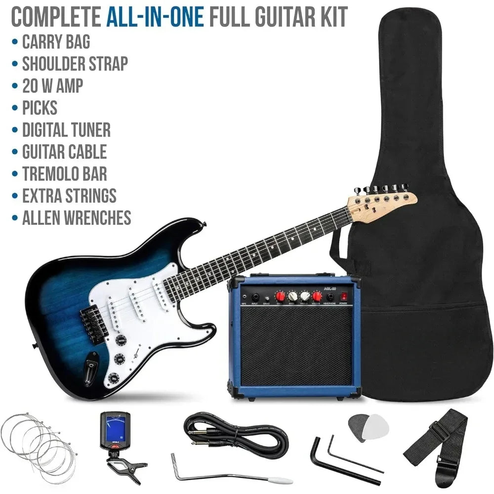 39 inch Electric Guitar Kit Bundle with 20w Amplifier, Digital Clip On Tuner, Six Strings, Two Picks, Tremolo Bar,Shoulder Strap