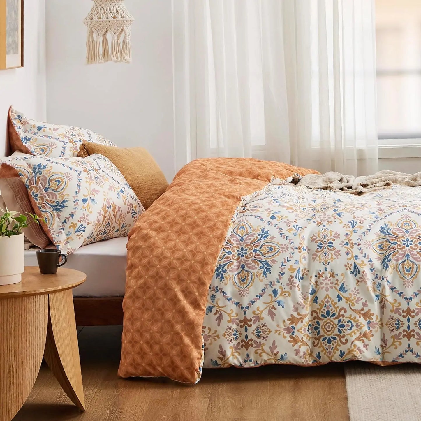 Bedsure Duvet Cover Queen Size - Reversible Bohemian Orange Duvet Cover Set with Zipper Closure, Damask Patterned Bedding