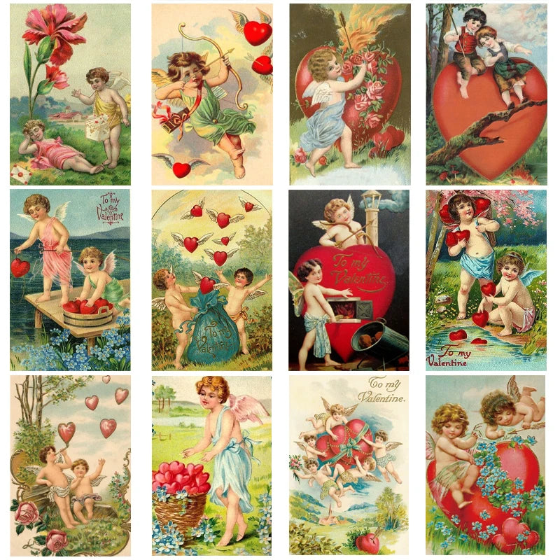 12pcs Retro Valentine's Day Postcard Cute Couple Little Angel Love Heart Pattern Greeting Card Anniversary To My Valentine Gift