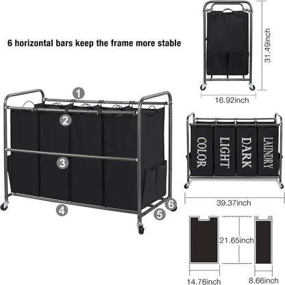 STORAGE MANIAC Laundry Sorter, Divider with Side Pockets, Multi Separator Hamper Removable Bags and Rolling Lockable Wheels